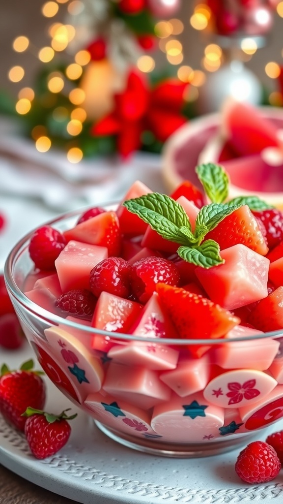 A festive pink fruit salad with strawberries, raspberries, and grapefruit, garnished with mint leaves on a holiday table.